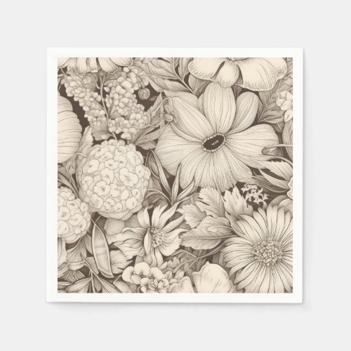 Vintage Floral Sepia Pattern 8 Napkins