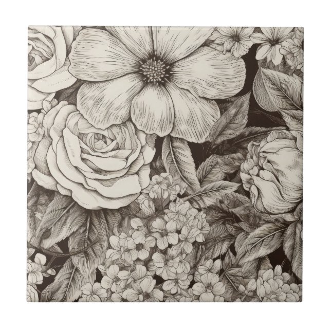 Vintage Floral Sepia Pattern Ceramic Tile (Front)