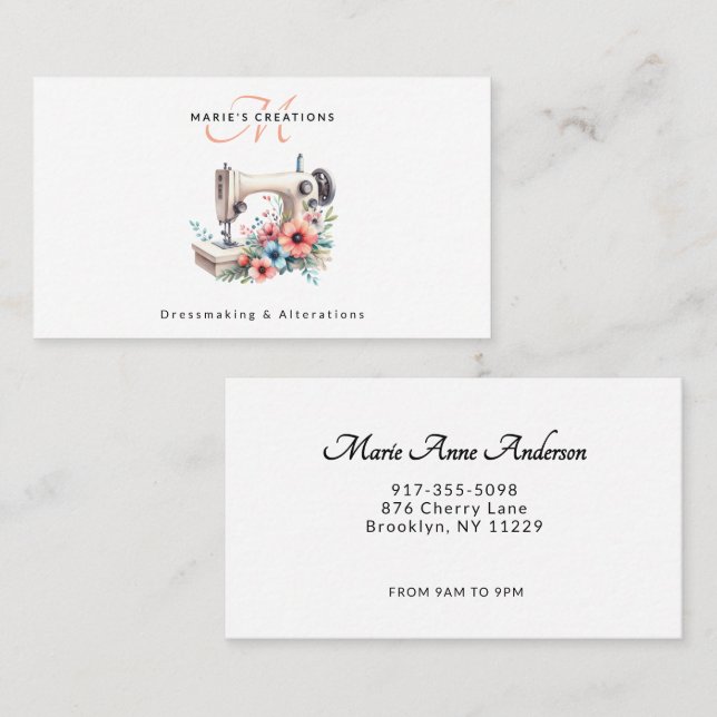 Vintage Floral Sewing Machine Monogrammed Business Card (Front/Back)