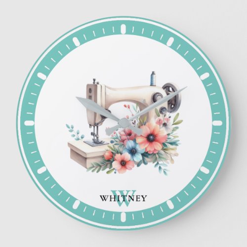 Vintage Floral Sewing Machine Monogrammed Name Large Clock