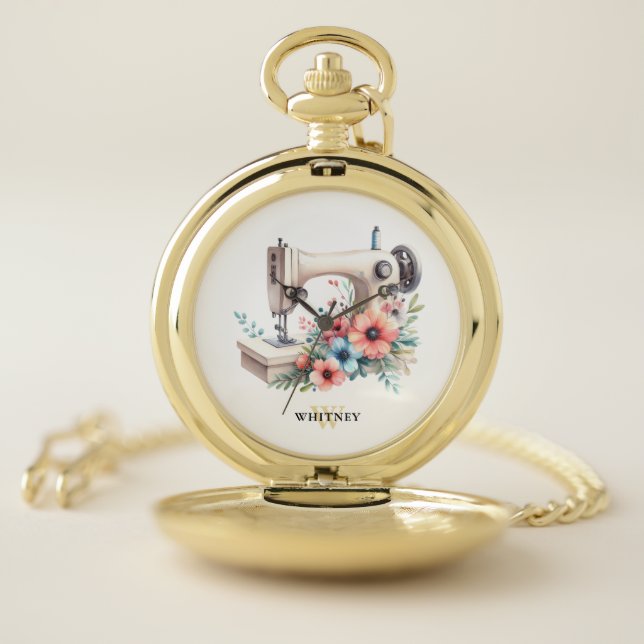 Vintage Floral Sewing Machine Monogrammed Pocket Watch (Inside)