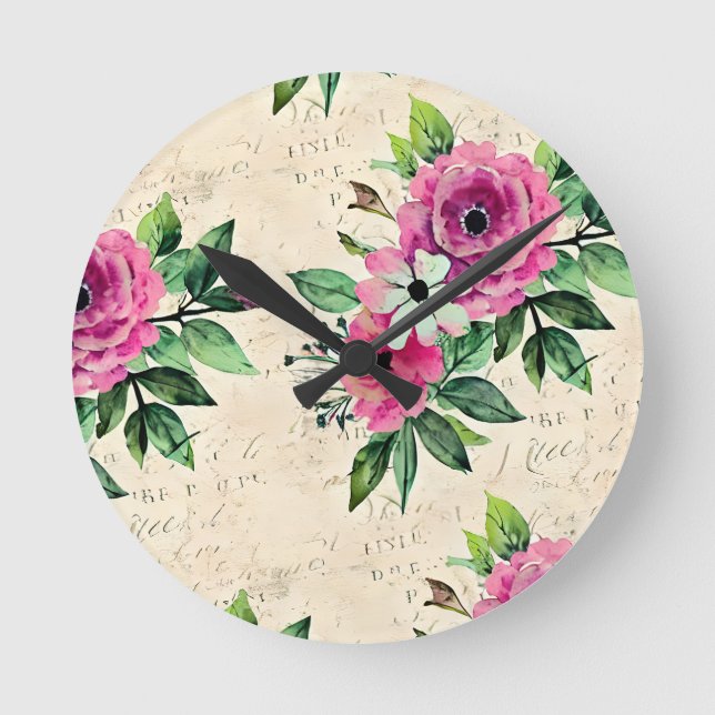 Vintage Floral Shabby Chic Round Clock (Front)