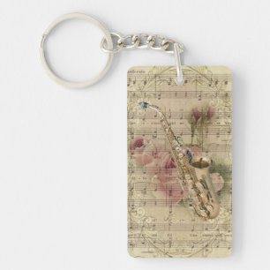Vintage Floral Sheet Music Saxophone Keychain