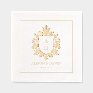 Vintage floral shield crest monogram wedding gold foil napkins