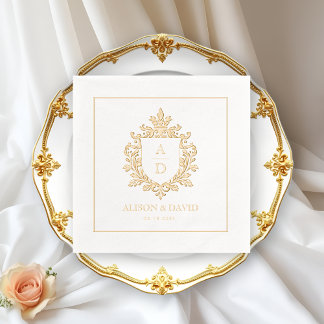 Vintage floral shield crest monogram wedding gold foil napkins