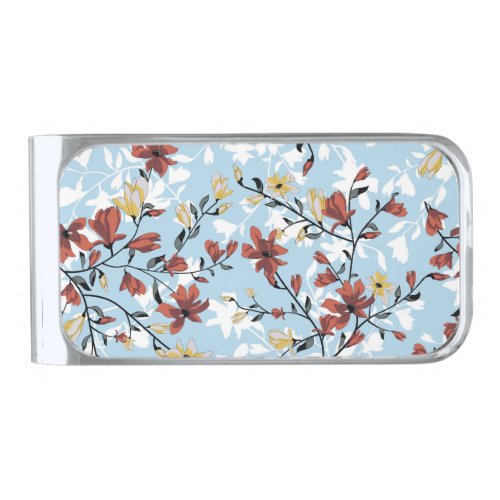 Vintage Floral Simple Fabric Background Silver Finish Money Clip