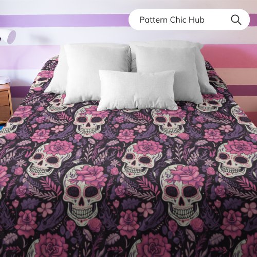 Vintage Floral Skull Black  Pink Modern Pattern  Duvet Cover