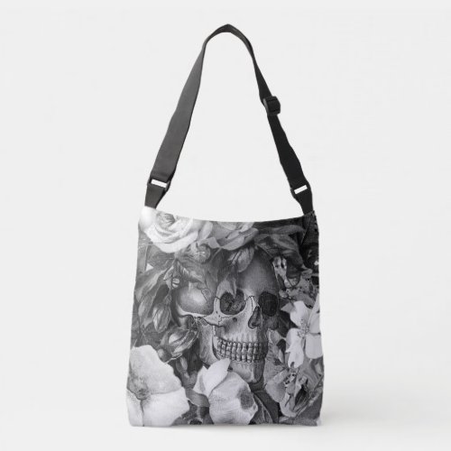 Vintage Floral Skull Black  White Crossbody Bag