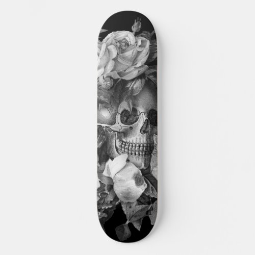 Vintage Floral Skull Black  White Customizable Skateboard