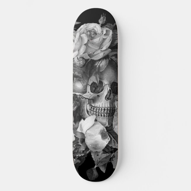 Vintage Floral Skull Black & White Customizable Skateboard (Front)