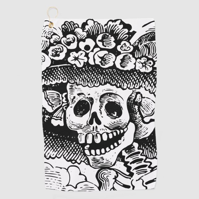 Vintage Floral Skull Halloween Golf Towel (Front)