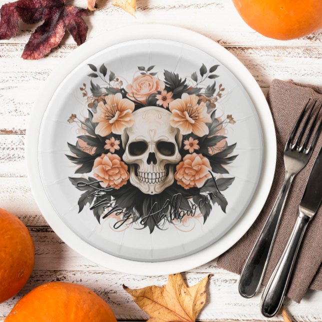 Vintage Floral Skull Halloween Paper Plates (Spooky floral skull plates will add an elegant touch to your Halloween party.)