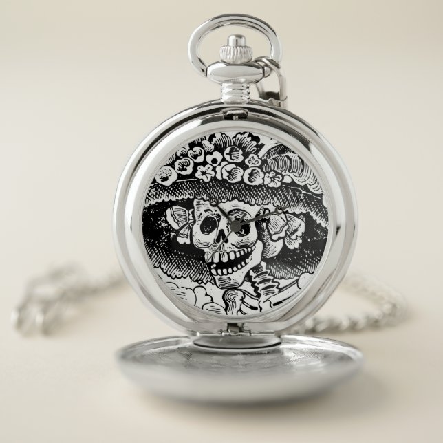 Vintage Floral Skull Halloween Pocket Watch (Inside)