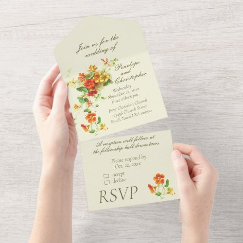 Vintage Floral Spray Orange and Yellow Wedding All In One Invitation