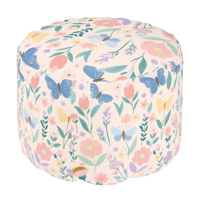Vintage Floral Spring Blooms Decoupage Pouf (Angled Front)