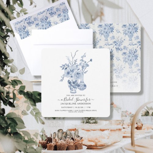 Vintage Floral Square Blue n White Bridal Shower Invitation