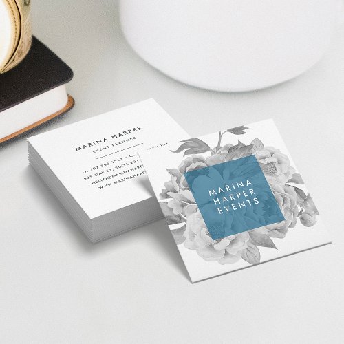 Vintage Floral Square Business Cards  Cerulean