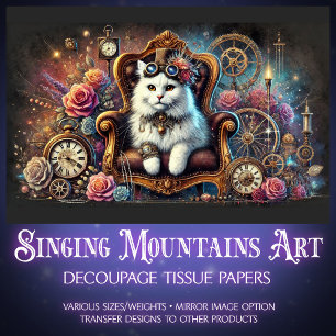 Vintage Floral Steampunk White Cat Decoupage Tissue Paper