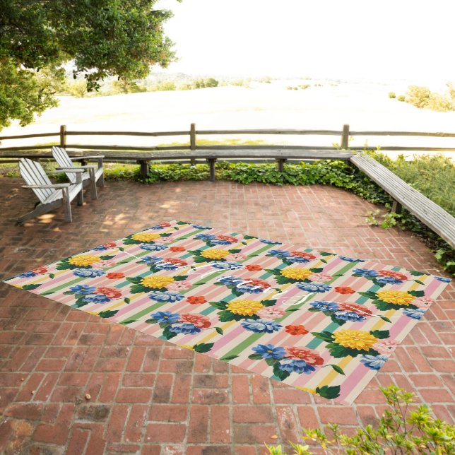 Vintage Floral Stripe Garden Monogram Outdoor Rug (Insitu (Outdoor 3))