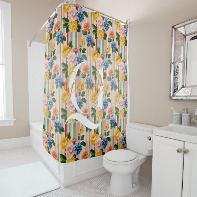 Vintage Floral Stripe Monogram Shower Curtain (In Situ)