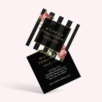 Vintage Floral Striped Beauty Salon Square Business Card by 1201am at Zazzle