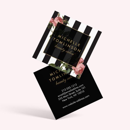 Vintage Floral Striped Beauty Salon Square Business Card