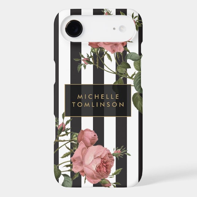 Vintage Floral Striped Personalized iPhone Case (Back)
