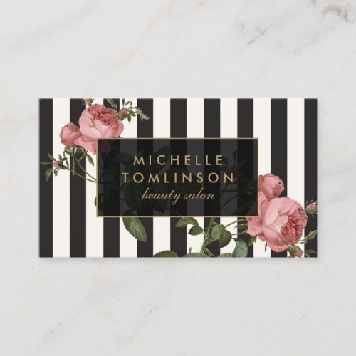 Vintage Floral Striped Salon Black and Ivory Business Card