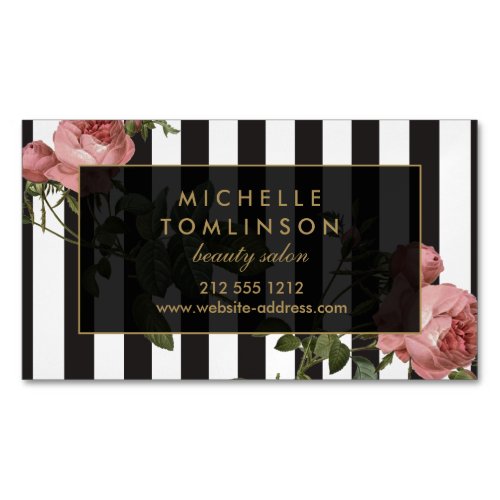 Vintage Floral Striped Salon Magnetic Magnetic Business Card