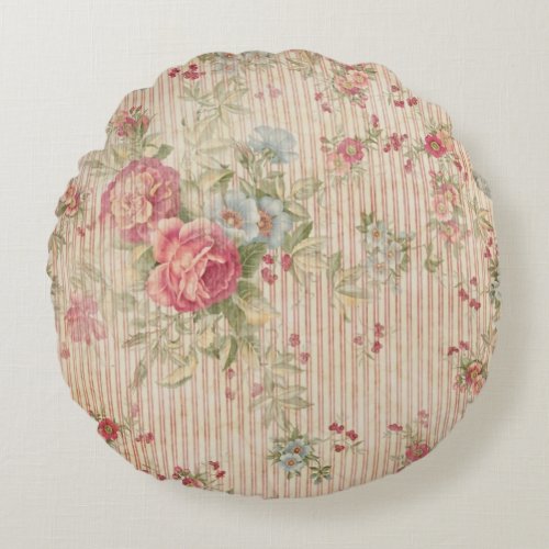 Vintage Floral  Stripes Round Pillow