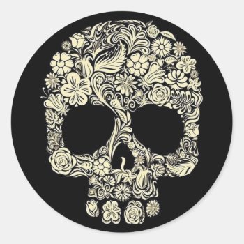 Vintage Floral Sugar Skull Classic Round Sticker by ReligiousStore at Zazzle