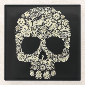 Vintage Floral Sugar Skull Glass Coaster by ReligiousStore at Zazzle