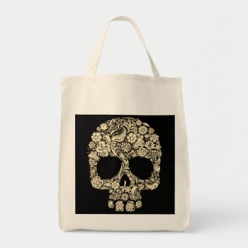 Vintage Floral Sugar Skull Grocery Tote Bag by bestgiftideas at Zazzle