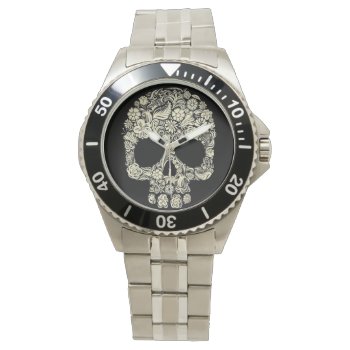 Vintage Floral Sugar Skull Men's Bracelet Watch by ReligiousStore at Zazzle