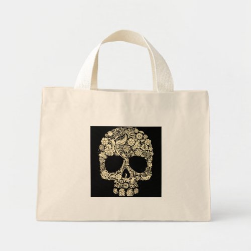 Vintage Floral Sugar Skull Mini Tote Bag