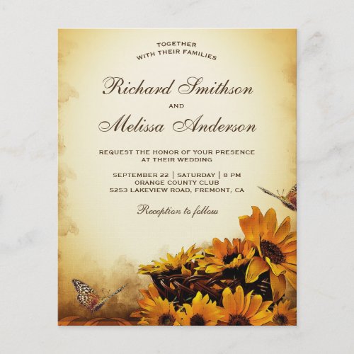 Vintage Floral Sunflower Budget Wedding Invitation