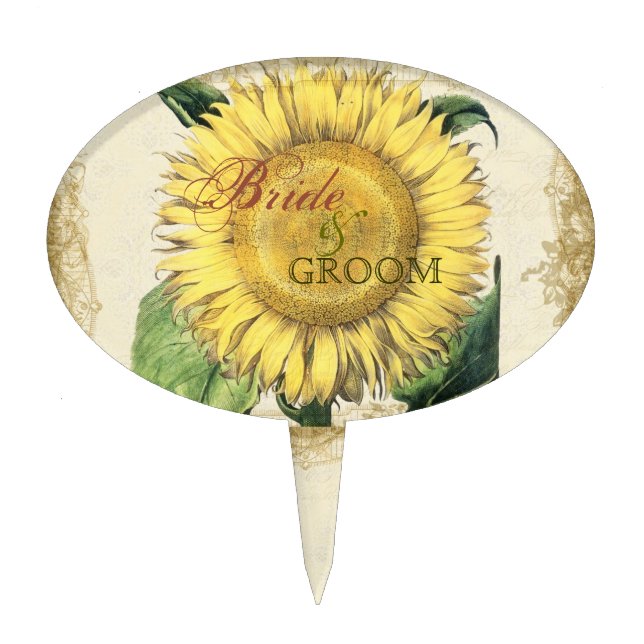 Vintage Floral Sunflowers - Autumn Fall Wedding Cake Topper (Front)