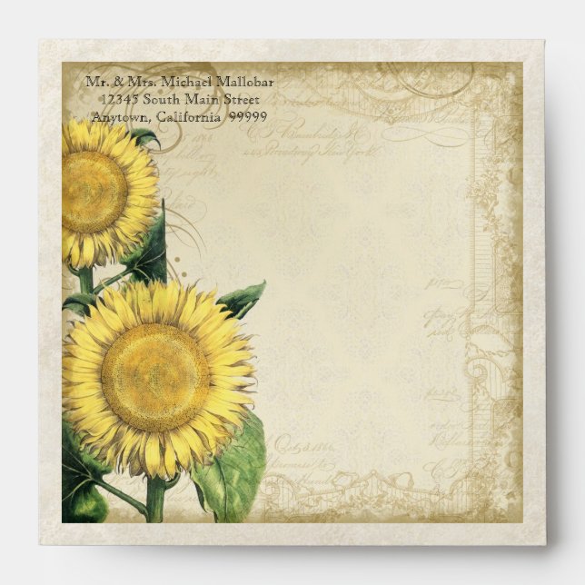 Vintage Floral Sunflowers - Autumn Fall Wedding Envelope (Front)