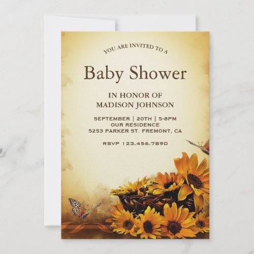 Vintage Floral Sunflowers Baby Shower Invitation