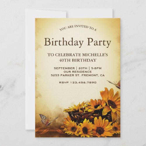 Vintage Floral Sunflowers Birthday Party Invitation