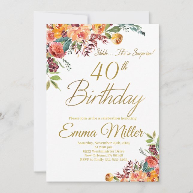 Vintage Floral Surprise 40th Birthday Party Invitation (Front)