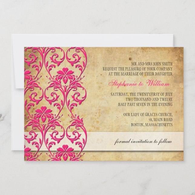 Vintage Floral Swirl Hot Pink Wedding Invitation (Front)