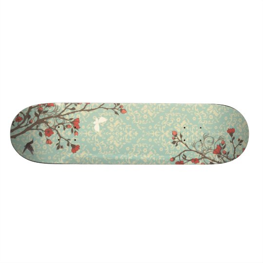 Vintage floral swirls damask + bird skateboard