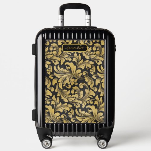 Vintage floral swirls pattern on black monogram luggage