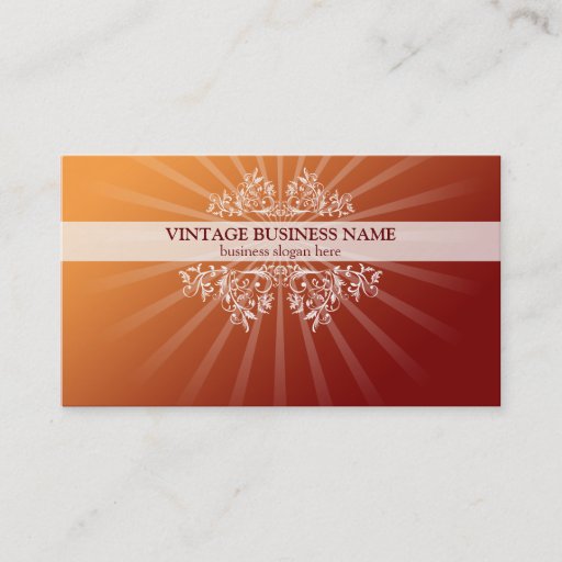 Customizable Vintage Floral Swirls & Rays Orange Gradient Business Card Template