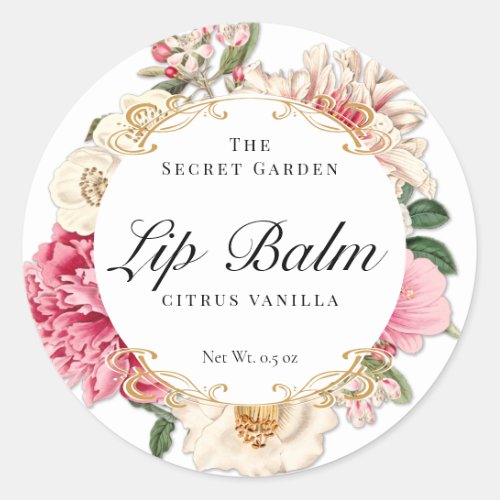  Vintage Floral Swirls White Product Lip Balm  Classic Round Sticker