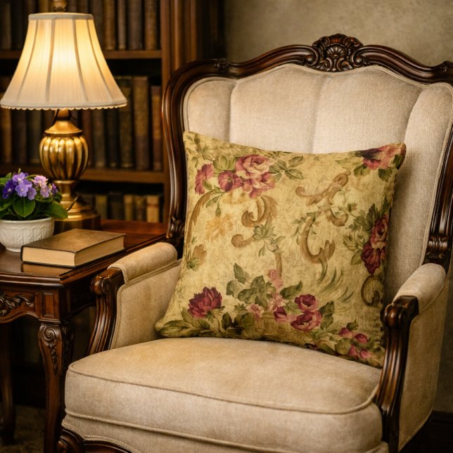 Vintage Floral Tapestry Rose Pattern Throw Pillow (Victorian reading nook charm  antique floral pillow shines in Queen Anne chair.)