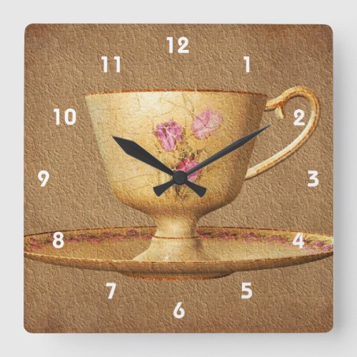 Vintage Floral Tea Cup And Saucer Square Wall Clock