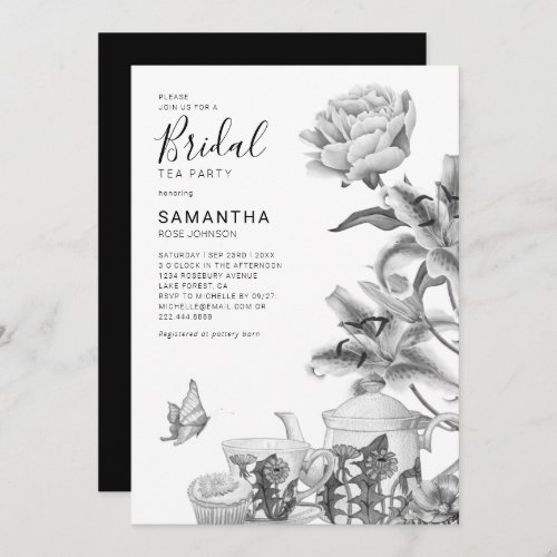 Vintage Floral Tea Party Bridal Shower Invitation - Elegant tea party bridal shower invitations featuring black & white watercolor florals, teacup, teapot, cupcake, butterfly, and a modern bridal shower template that can easily be personalized.