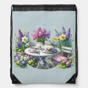 Vintage Floral Tea Party in Garden Drawstring Bag